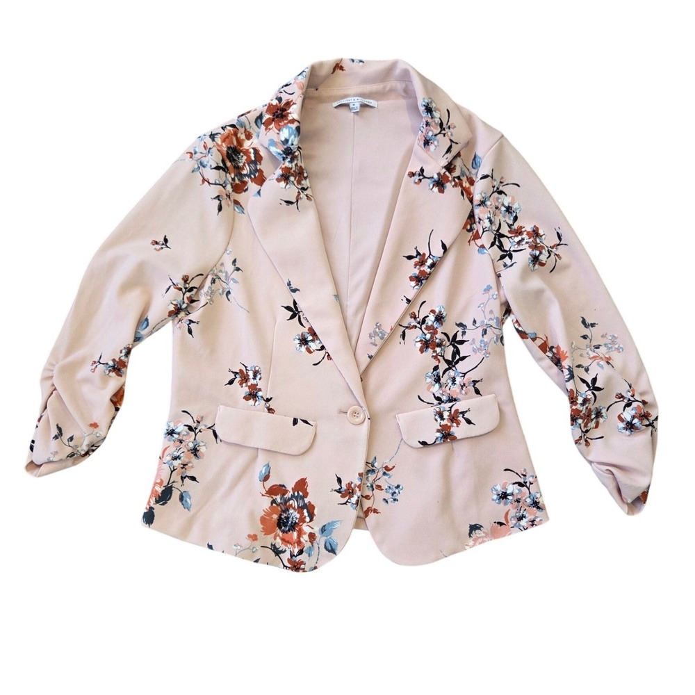 Crescent & Willough Floral Blazer Pink Blossom Print Ruched‎ Sleeve One Button M